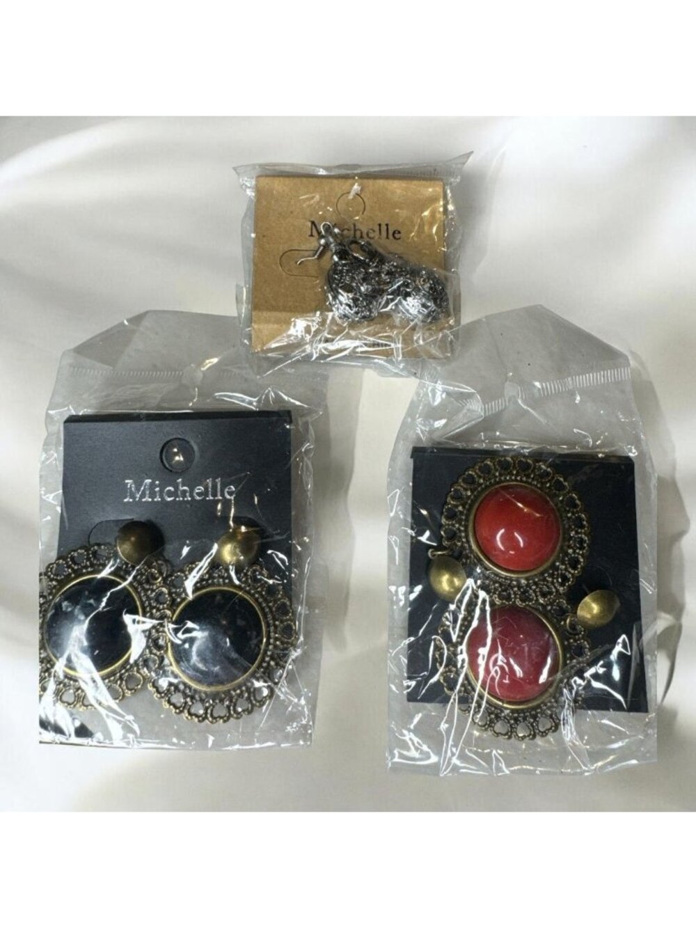 Set Of 3 Michelle Earrings - Antique Style With Black Red & Silver Tones
